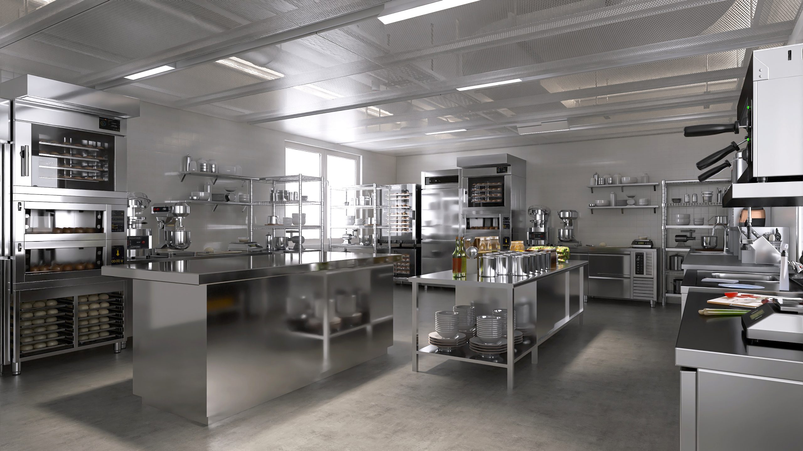 Commercial, professional bakery kitchen and stainless steel convection, bread bun baking in deck oven, kneading machine, pasta dough on table, cabinet and ingredient for baking business background 3D